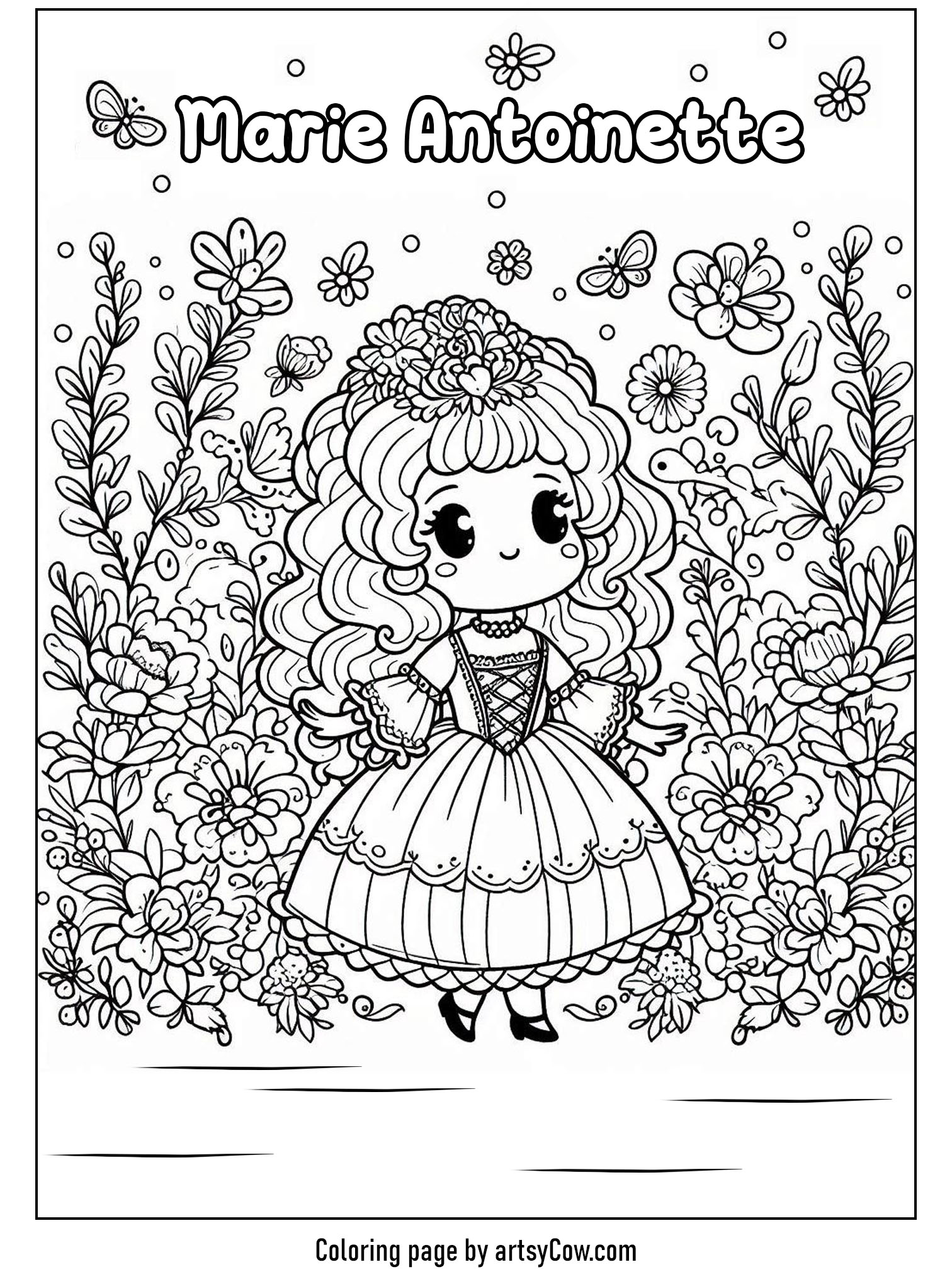 International women's day coloring sheets featuring Marie Antoinette in a beautiful garden with butterflies and flowers.